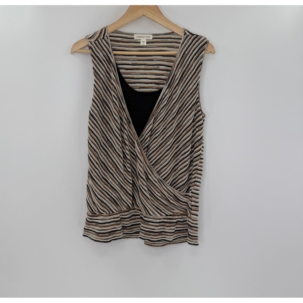 Coldwater Creek Striped Tank Top Sleeveless Knit Layering V Neck Brown‎ Large